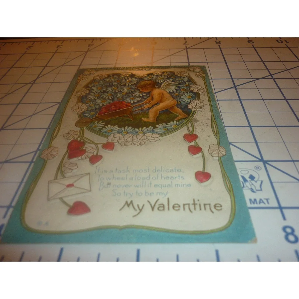1915 Antique Valentine Postcard Cupid Cherub Wheelbarrow Embossed 1c Stamp
